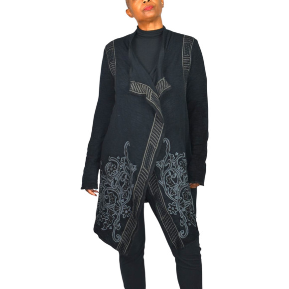 Paparazzi Biz Embroidered Asymmetric Cardigan Jacket Black Duster Cotton Medium - Picture 8 of 16